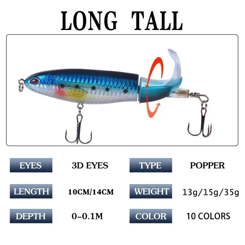 Topwater Popper Fishing Lure with Rotating Tail – 10cm/14cm Artificial Bait