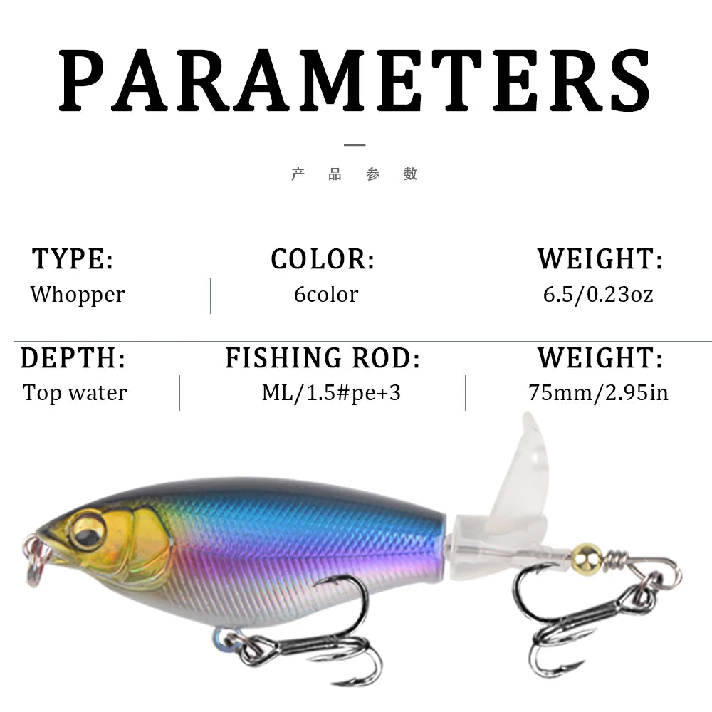 Whopper Plopper Topwater Popper Lure 7.5cm 6.5g – Rotating Tail Hard Bait